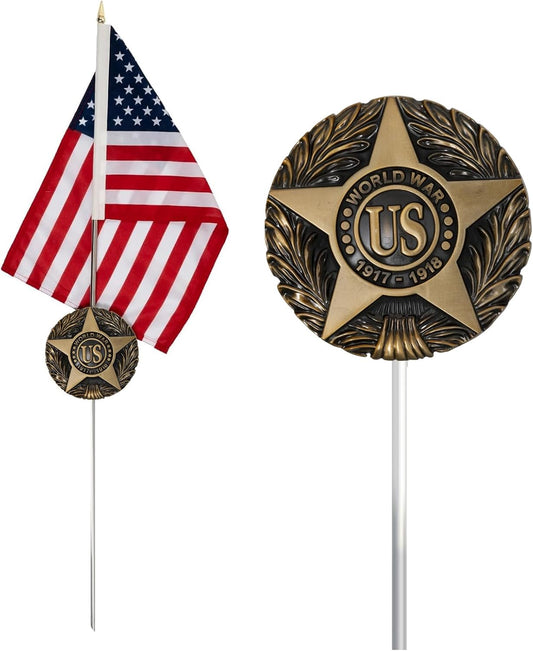 WWI Aluminum Grave Marker, with 12x18 Inch USA Flag, Aluminum Veterans Plaque, Memorial Day Gifts, Suitable for Graveside Memorials to Honor Those who Served