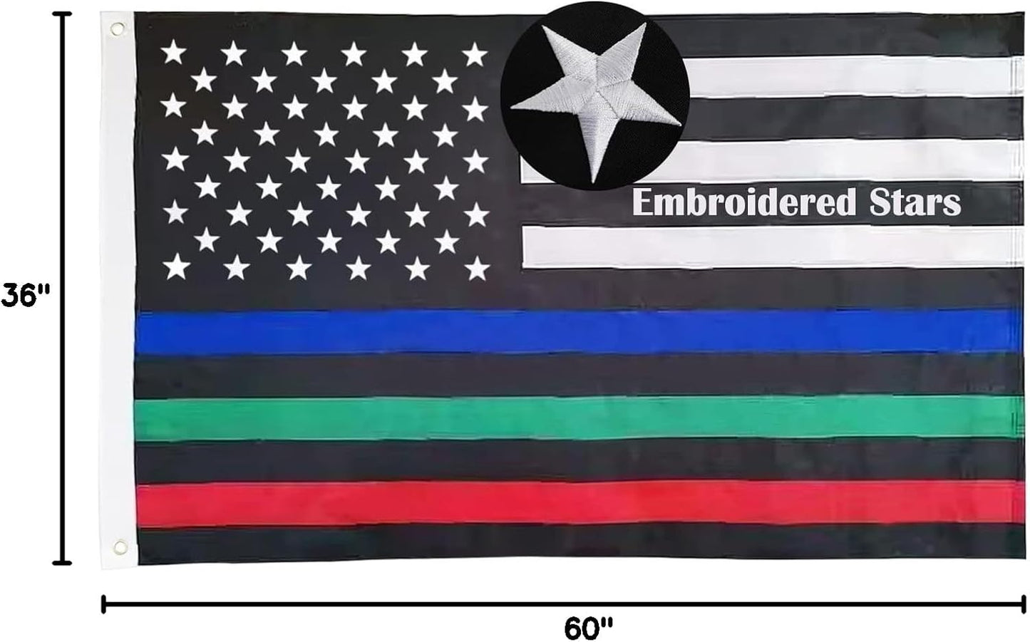 TOPFLAGS Embroidered Thin Blue Red Green Line American Flag 3x5 Outdoor- Police Firefighter Military American Flags- USA Flag Support Fire Military Law Enforcement Officers USA TOP FLAGS, INC