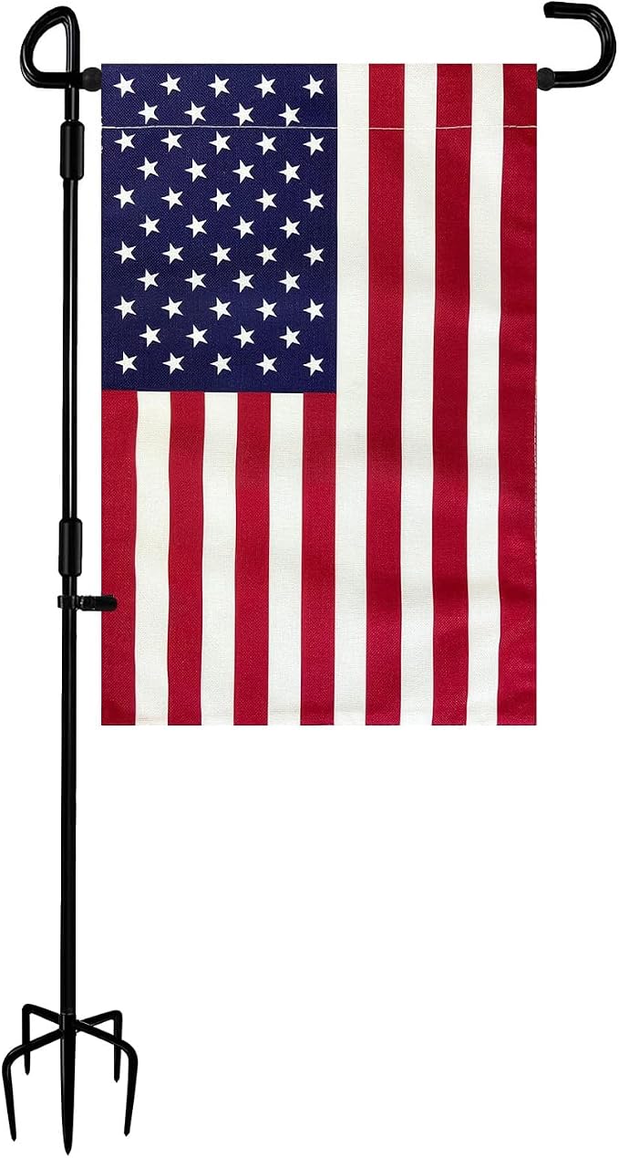 TOPFLAGS Garden Flag Stand with American Flag Garden Flag Heavy Duty Metal Yard Flag Holder Pole Stake Small Flag Stands for Garden Flags 12 x 18 with Clips and Stopper USA TOP FLAGS, INC