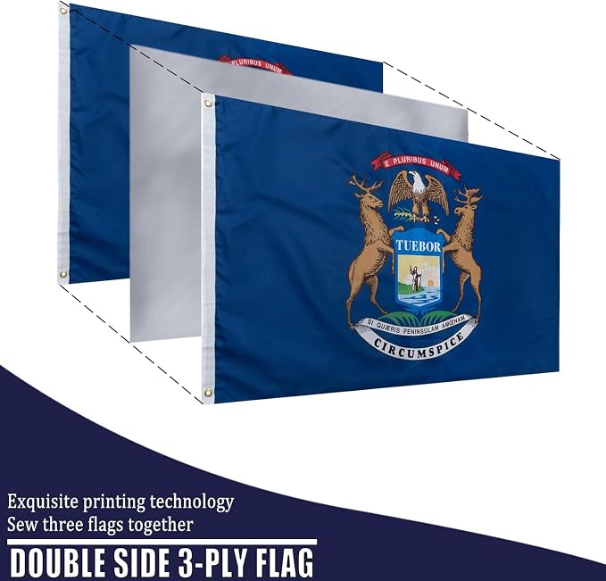 TOPFLAGS Michigan Flag 12x18 Inch Double Sided 3 Ply, Heavy Duty Nylon Small Michigan State Flag with Brass Grommets, Fade Proof Outdoor Marine Boat Flags (MI) USA TOP FLAGS, INC