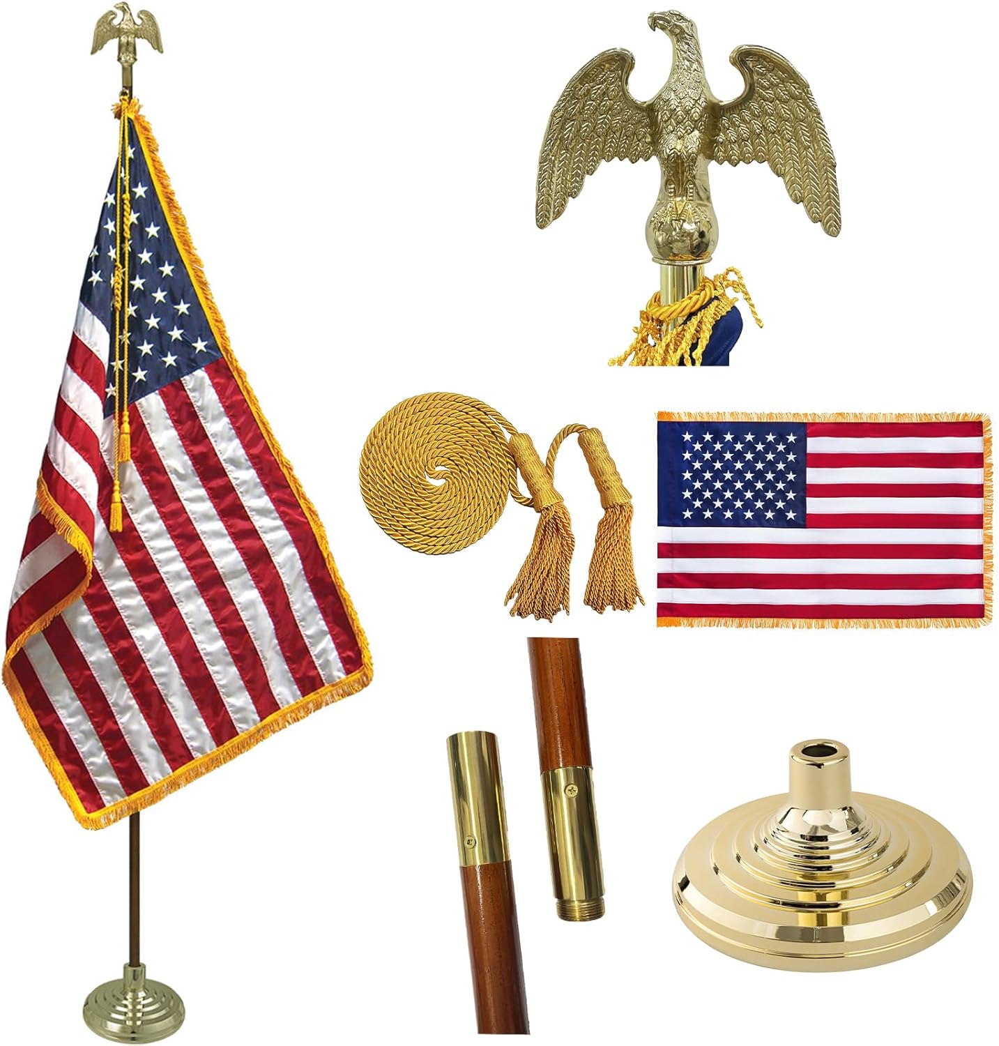 Indoor American Flagpole Set 8 FT, Indoor Flag Pole Kit, with Gold Eagle Head Decorating, 8 FT OAK Flag Pole, 3x5 Gold Fringed American Flag, Gold Braided Tassel Flag Cord, Base Stand, Suitab