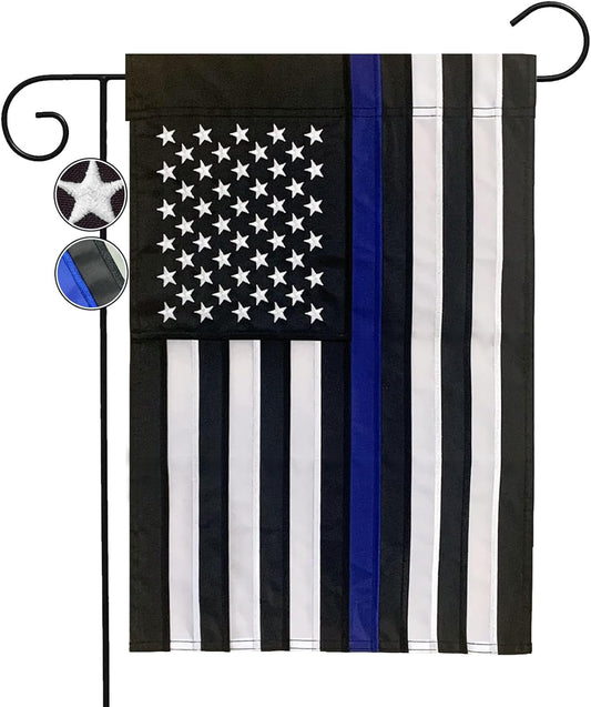 Thin Blue Line Garden Flag 12.5 x 18 Inch Double Sided, Embroidered American Police Flags for Outside, Back the Blue Flag for Lawn Outdoor Decoration