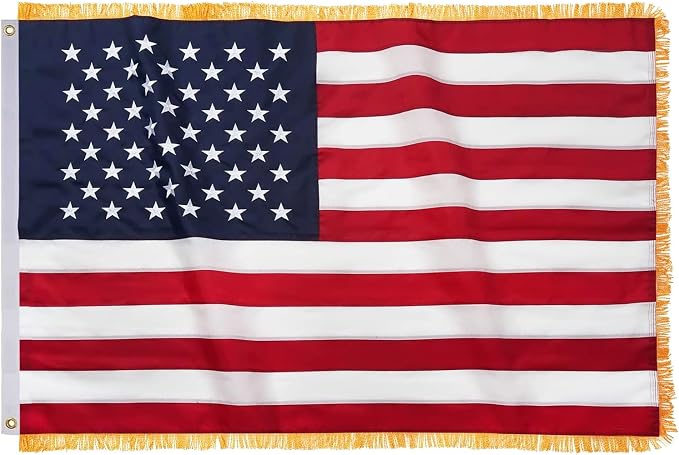 TOPFLAGS American Flag US Flags with Fringe 3x5 Ft Heavy Duty USA Flag Tassel Brass Grommets Embroidered Stars Sewn Stripes Vibrant Color Banner Outdoor/Indoor USA TOP FLAGS, INC