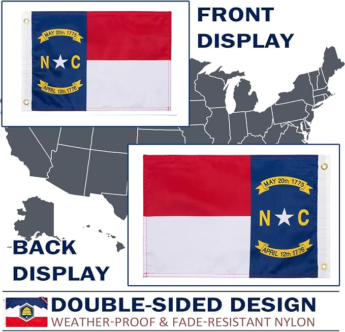TOPFLAGS North Carolina Flag 12x18 Inch, Double Sided 3-Ply Heavy Duty Polyester - Small NC State Boat Flag, Fade Proof Outdoor Marine Flags with 2 Brass Grommets (NC) USA TOP FLAGS, INC