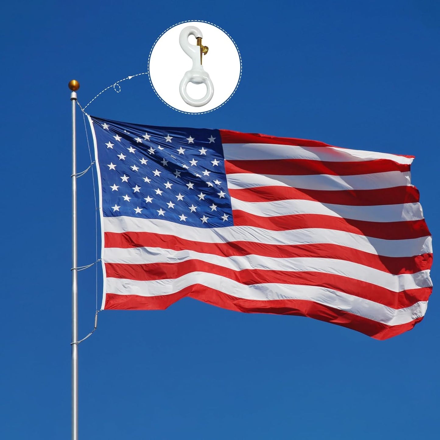 Topflags Flag Clips for Flagpole Rope with White Rubber Coated- 2 Pack 3.5 Inch Metal Swivel Hooks for Flag Outdoor for Pet Leash, Key Chain, Clothlines, Tent Rope