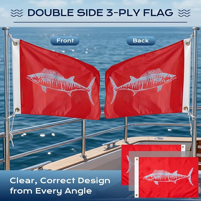 TOPFLAGS Red Wahoo Fish Flag 12x18 Inch Double Sided Heavy Duty Boat Fishing Flag - Vivid Color Fisherman's Catch Flags for Boating | 4 Row Stitched and 2 Brass Grommets USA TOP FLAGS, INC