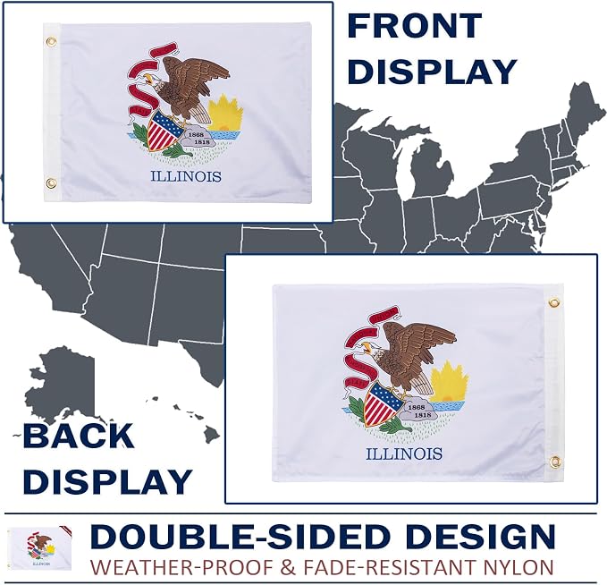 TOPFLAGS Illinois Flag 12x18 Inch Double Sided 3 Ply, Heavy Duty Nylon Small Illinois State Flag with Brass Grommets, Fade Proof Outdoor Marine Boat Flags (IL) USA TOP FLAGS, INC