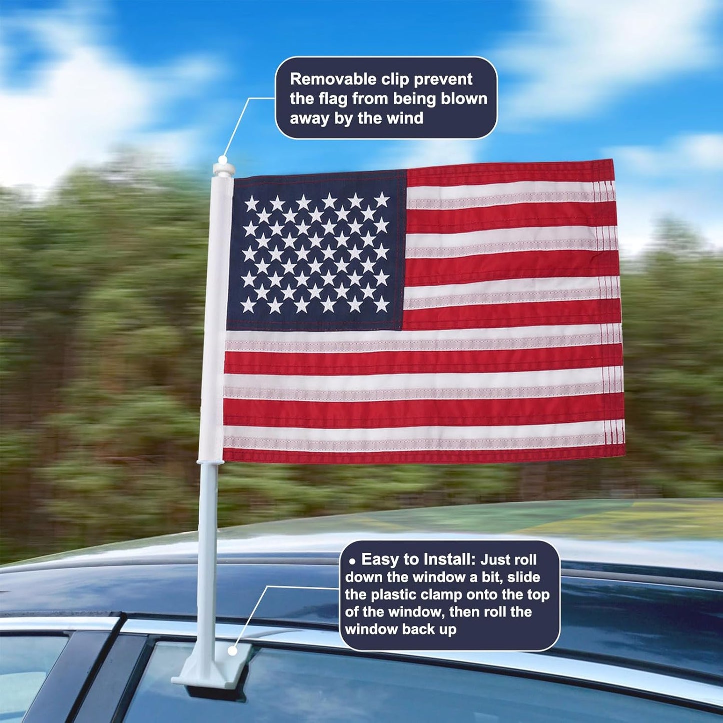 Car Flag 2 Pack American Flag for Car 12x18 Inch US Flags Embroidered Stars Flagpole with Window Clip Heavy Duty Nylon