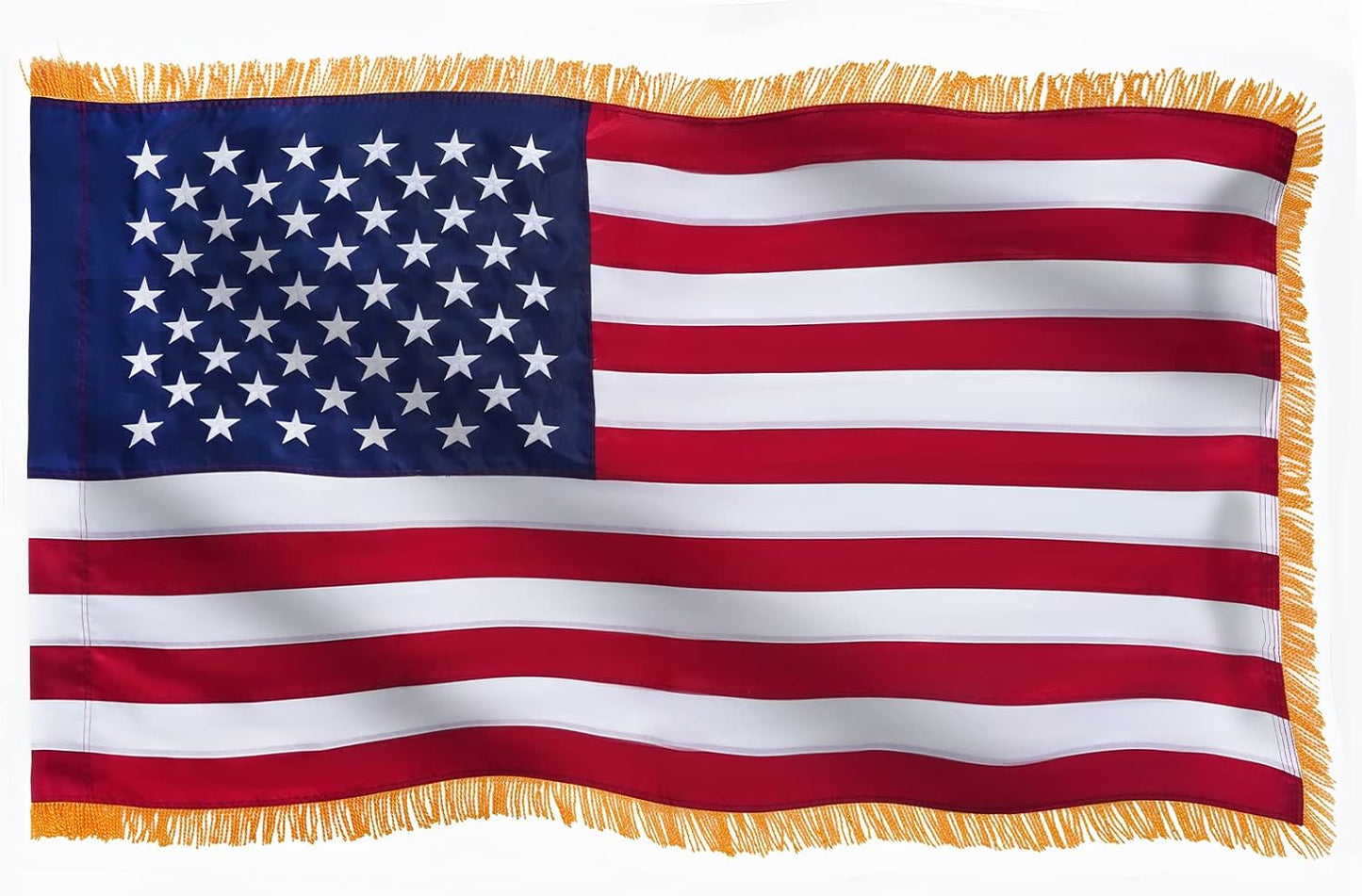 American Flag with Gold Fringed 3x5 Ft, Made in USA, Indoors USA Flag, Embroidered Stars, with 4 Rows of Lower Stitches
