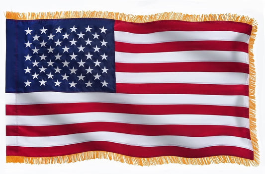 American Flag with Gold Fringed 3x5 Ft, Made in USA, Indoors USA Flag, Embroidered Stars, with 4 Rows of Lower Stitches