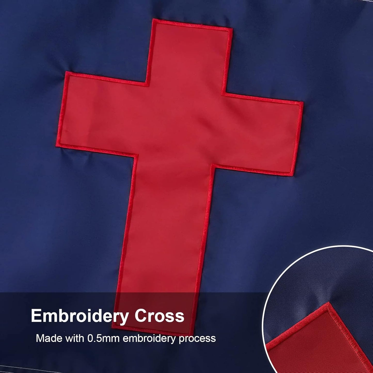 Christian Flag 3x5 Feet with Gold Fringed Made in USA, with Embroidered Christianity Sewn Cross Flags and Pole Sleeve Banner Style, Heavy Duty Polyester Banner for Indoor