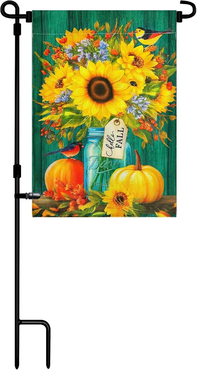 TOPFLAGS Garden Flag Stand with Fall Garden Flag 12 x 18 Hello Autumn Metal Yard Flags Holder Pole Stake Small Flag Stands with Clips and Stopper USA TOP FLAGS, INC