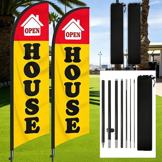TOPFLAGS  2 Pack Open House Flag Kit 8Ft with Pole Ground Stake Portable Bag for Real Estate Agents - Outdoor Business Feather Flags Sign Banner (Yellow/Red) USA TOP FLAGS, INC