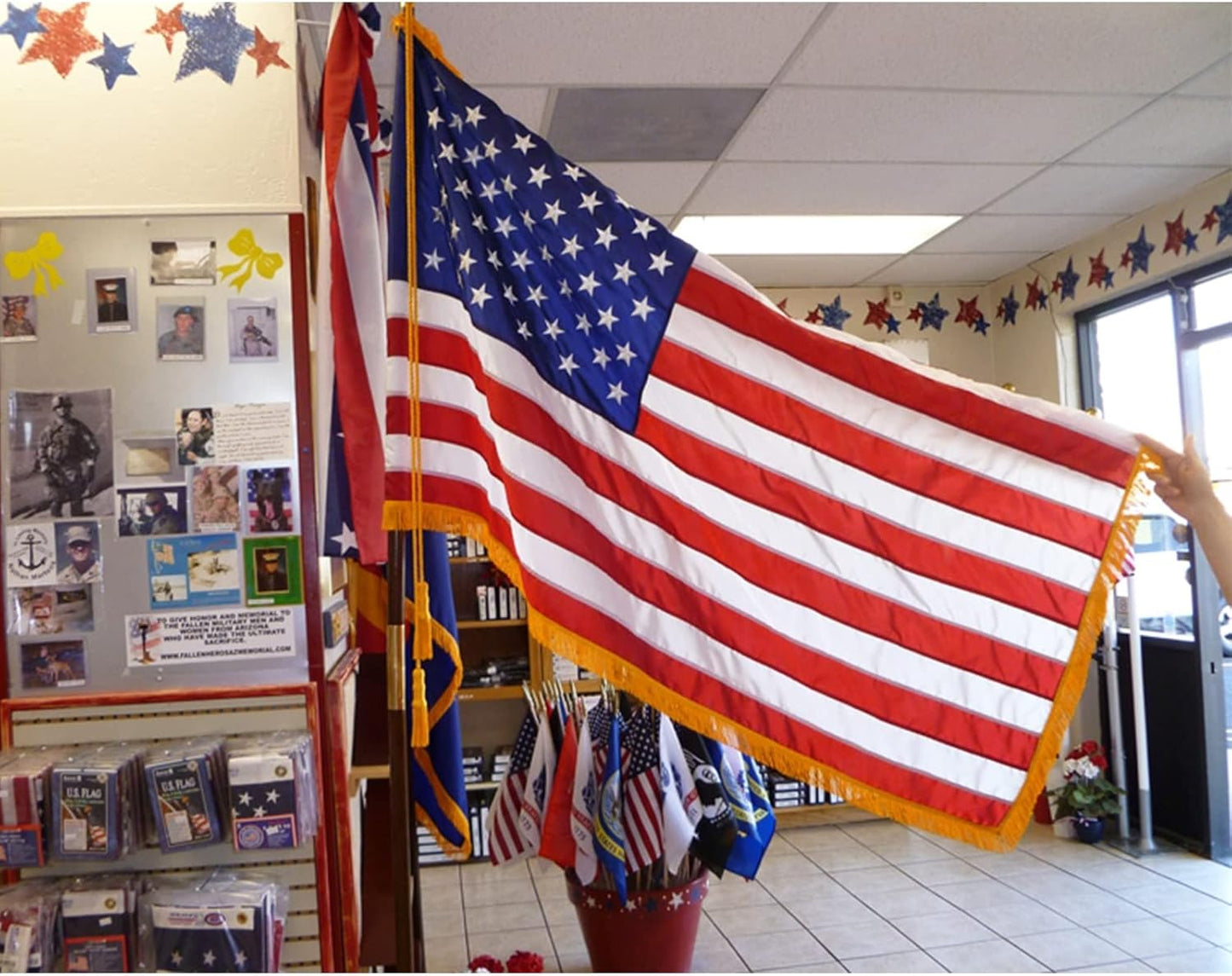 American Flag 4X6 with Fringe US Flags USA 4’ x 6’ Sleeved Heavy Duty Outdoor with Embroidered Stars, Sewn Stripes