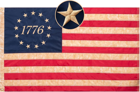 Topflags 1776 Betsy Ross Flag 3x5 Feet Tea-Stained Vintage American Flags Heavy Duty Outdoor Embroidered 13 Star Colonies 1776 Banner for Outside