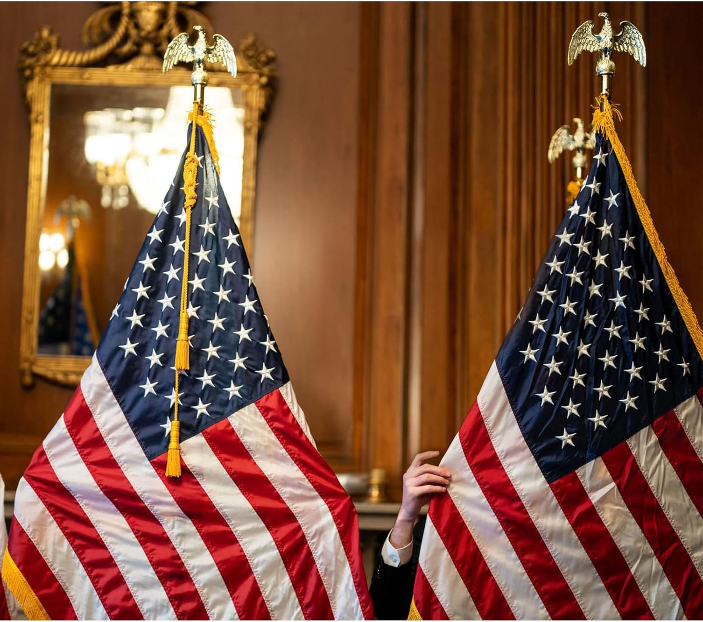 American Flag with Gold Fringed 4x6 Feet Made in USA, Luxury Embroidered Stars and Pole Sleeve Banner Style, Heavy Duty Polyester US Flags for Indoor