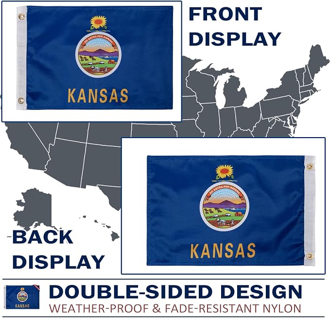 TOPFLAGS  Kansas Flag 12x18 Inch Double Sided 3 Ply, Heavy Duty Nylon Small Kansas State Flag with Brass Grommets, Fade Proof Outdoor Marine Boat Flags (KS) USA TOP FLAGS, INC