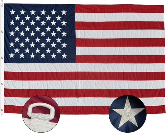 American Flag 10x15 Ft Outdoor, Luxury Embroidered Stars and Double Stitched Sewn Stripes, Heavy Duty Polyester US Flags with Canvas Header and 5 Brass Grommets