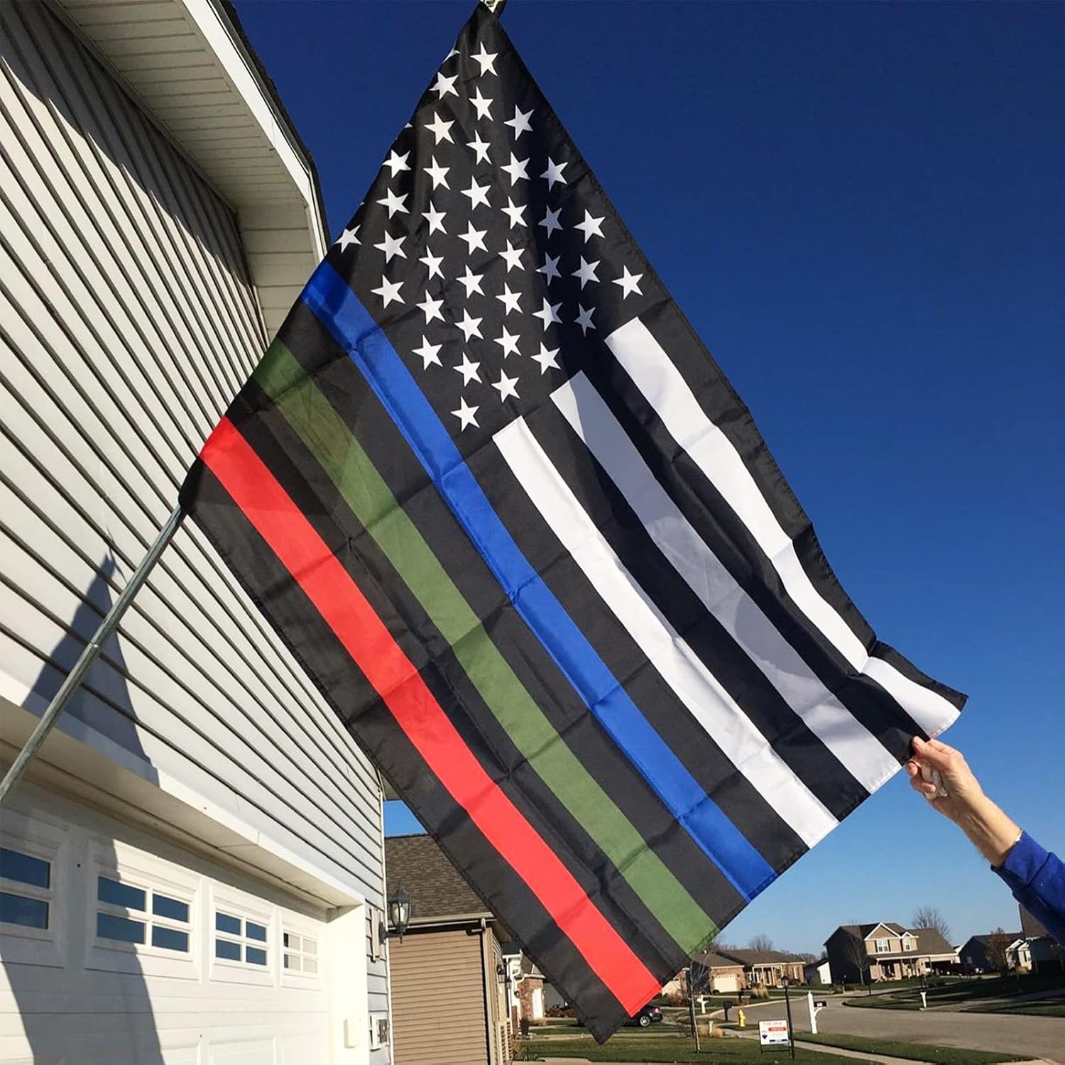 TOPFLAGS Embroidered Thin Blue Red Green Line American Flag 3x5 Outdoor- Police Firefighter Military American Flags- USA Flag Support Fire Military Law Enforcement Officers USA TOP FLAGS, INC