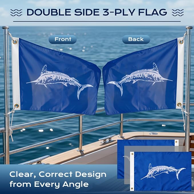 TOPFLAGS Marlins Boat Flag 12x18 Inch Double Sided Vivid Color Fishing Flag - Heavy Duty Fisherman's Catch Flags for Boating | 4 Row Stitched and 2 Brass Grommets USA TOP FLAGS, INC