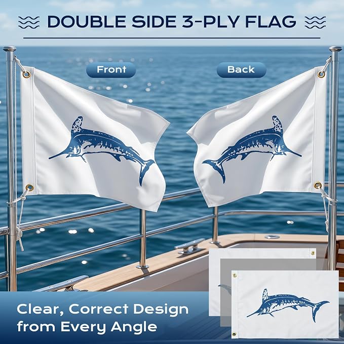 TOPFLAGS Marlins Boat Flag 12x18 Inch Double Sided Heavy Duty Fishing Flag - Vivid Color Fisherman's Catch Flags for Boating | 4 Row Stitched and 2 Brass Grommets USA TOP FLAGS, INC