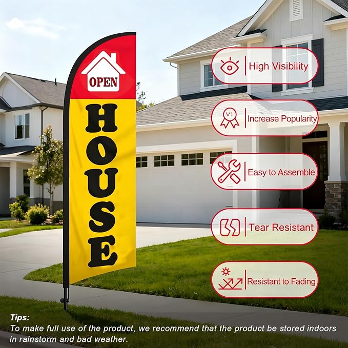 TOPFLAGS  2 Pack Open House Flag Kit 8Ft with Pole Ground Stake Portable Bag for Real Estate Agents - Outdoor Business Feather Flags Sign Banner (Yellow/Red) USA TOP FLAGS, INC