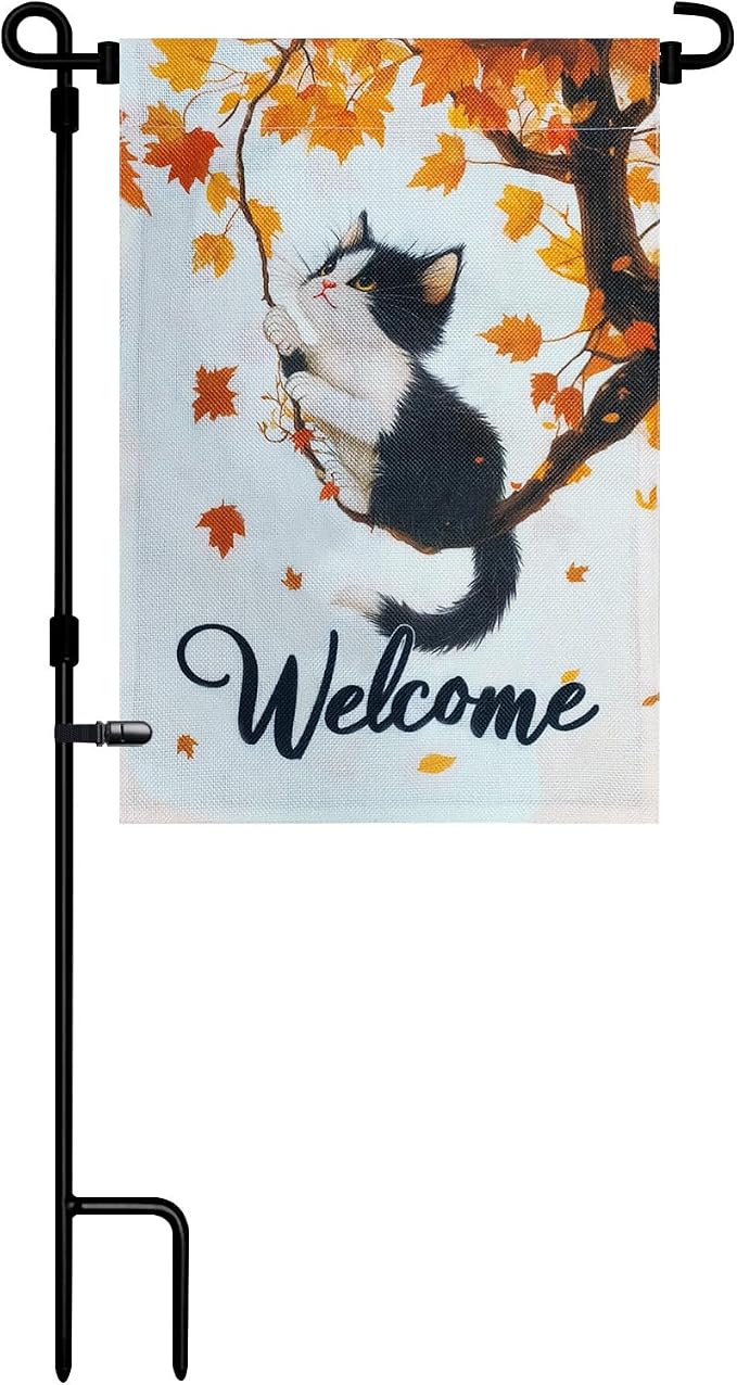 TOPFLAGS Garden Flag Stand with Fall Garden Flag 12 x 18 Autumn Cat Metal Yard Flags Holder Pole Stake Small Flag Stands with Clips and Stopper USA TOP FLAGS, INC