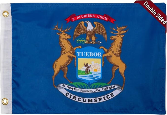 TOPFLAGS Michigan Flag 12x18 Inch Double Sided 3 Ply, Heavy Duty Nylon Small Michigan State Flag with Brass Grommets, Fade Proof Outdoor Marine Boat Flags (MI) USA TOP FLAGS, INC