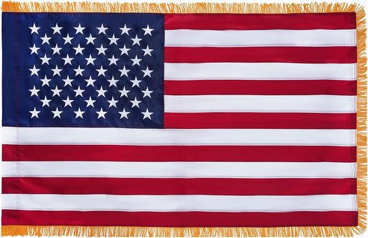 American Flag with Gold Fringed 4x6 Feet Made in USA, Luxury Embroidered Stars and Pole Sleeve Banner Style, Heavy Duty Polyester US Flags for Indoor