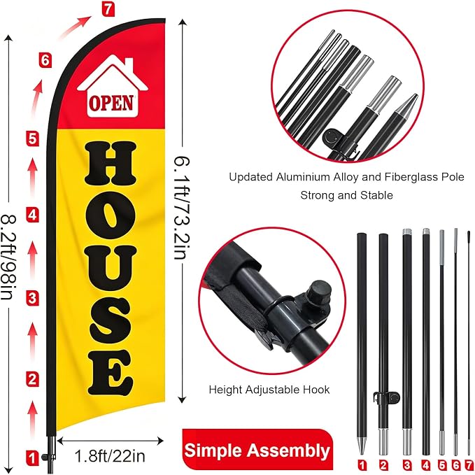 TOPFLAGS Open House Flag Kit 8Ft with Pole Ground Stake Portable Bag for Real Estate Agents - Outdoor Business Feather Flags Sign Banner (Yellow/Red) USA TOP FLAGS, INC