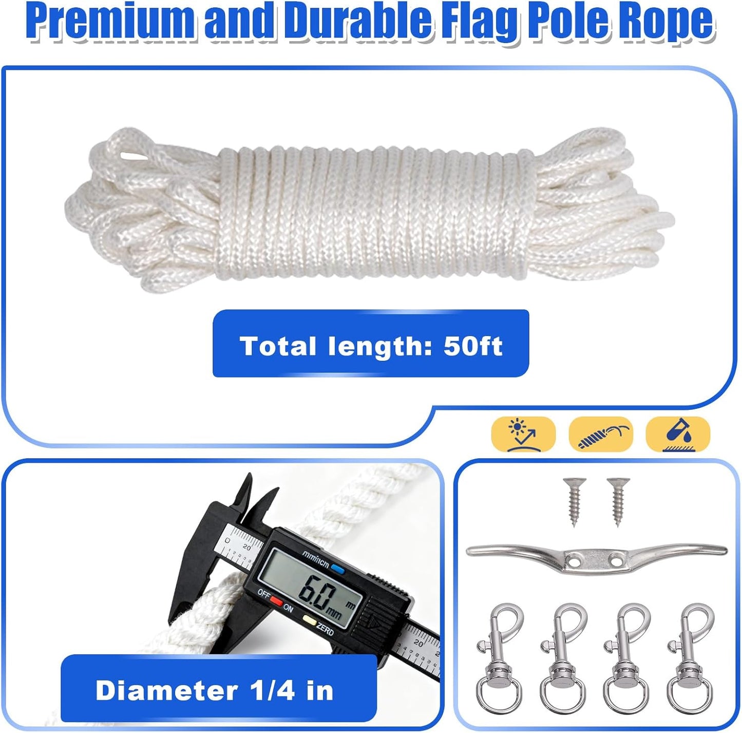 Topflags Flag Pole Rope Kit 50 Ft Flagpole Hardware Cleat Replacement Accessories with 4 Metal Swivel Snap Clips for 1.6"-2" Flags Poles