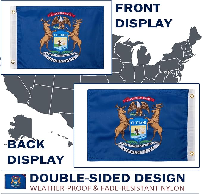 TOPFLAGS Michigan Flag 12x18 Inch Double Sided 3 Ply, Heavy Duty Nylon Small Michigan State Flag with Brass Grommets, Fade Proof Outdoor Marine Boat Flags (MI) USA TOP FLAGS, INC