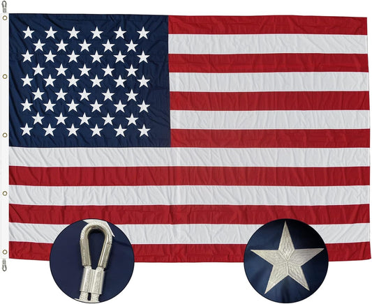 American Flag 20x30 Ft Outdoor, Luxury Embroidered Stars and Roped Heading Double Stitched Sewn Stripes, Heavy Duty Nylon Huge Lage US Flags with Durable Brass Grommets