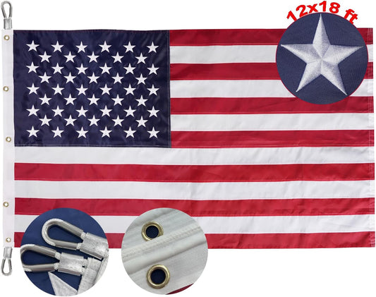 Mega Large American Flag 12x18 ft Embroidered Stars USA US Flags Outdoor Heavy Duty Nylon Huge US Flags with 5 Brass Grommets