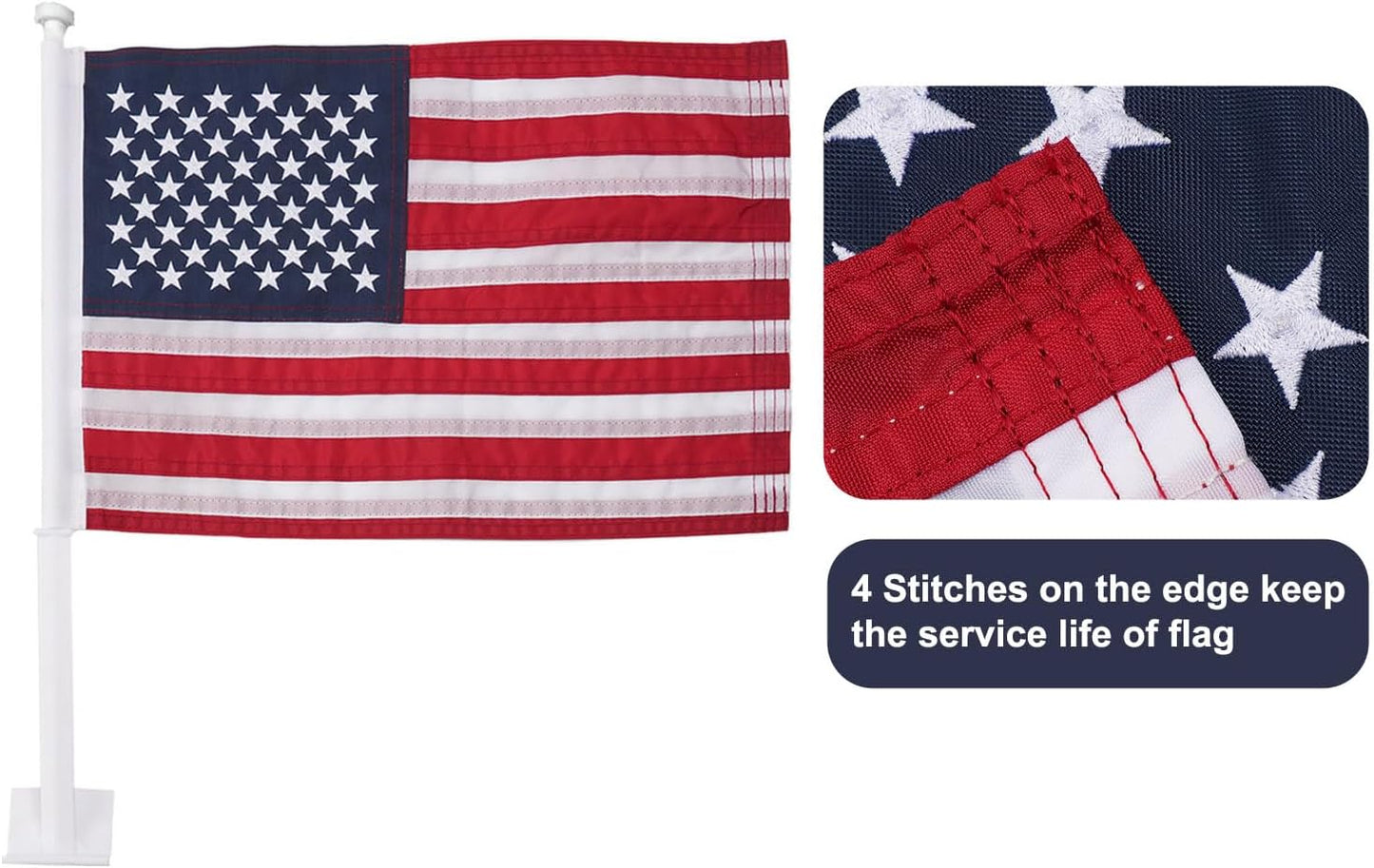 Car Flag 2 Pack American Flag for Car 12x18 Inch US Flags Embroidered Stars Flagpole with Window Clip Heavy Duty Nylon