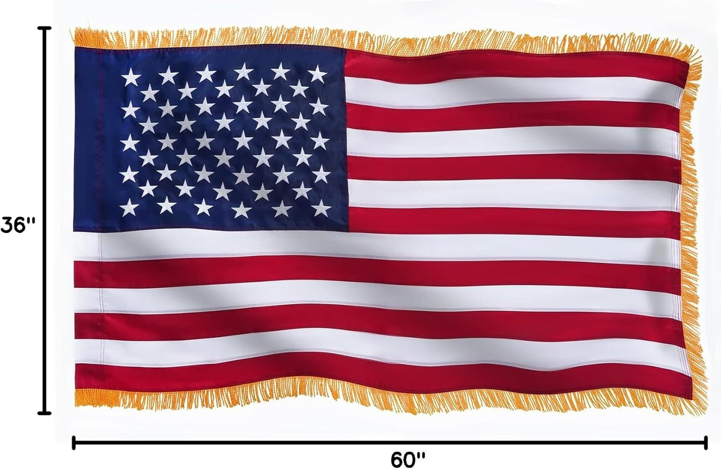 American Flag with Gold Fringed 3x5 Ft, Made in USA, Indoors USA Flag, Embroidered Stars, with 4 Rows of Lower Stitches