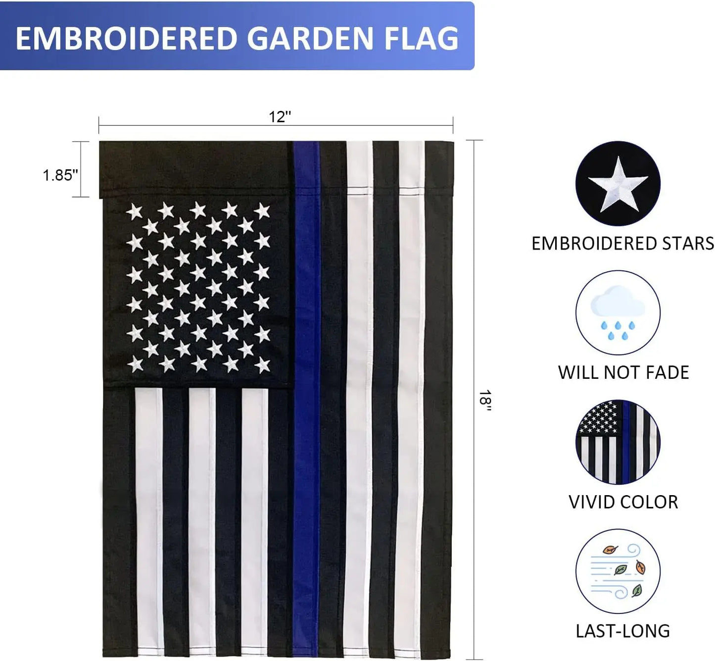 Thin Blue Line Garden Flag 12.5 x 18 Inch Double Sided, Embroidered American Police Flags for Outside, Back the Blue Flag for Lawn Outdoor Decoration USA TOP FLAGS,INC