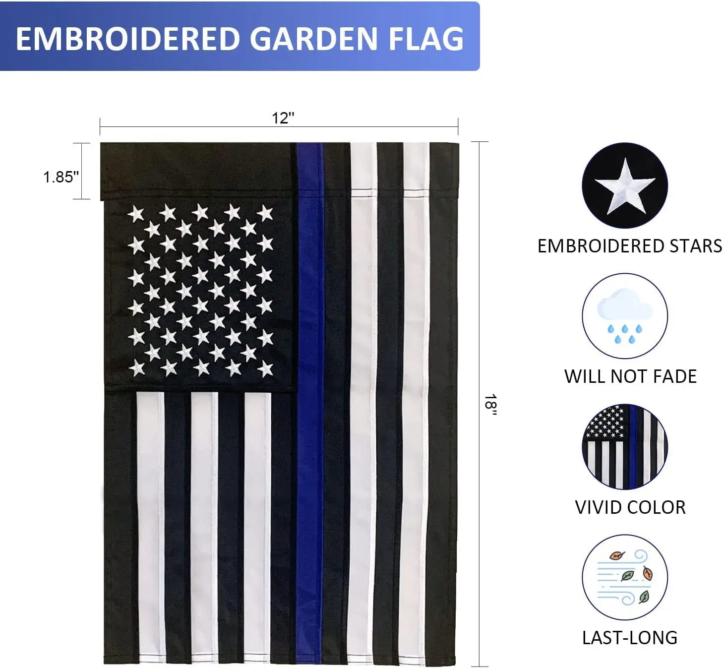 Thin Blue Line Garden Flag 12.5 x 18 Inch Double Sided, Embroidered American Police Flags for Outside, Back the Blue Flag for Lawn Outdoor Decoration USA TOP FLAGS,INC