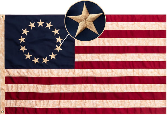 Betsy Ross Flag 3x5 Feet Tea Stained Vintage American Flags for 250th Anniversary Heavy Duty Outdoor Embroidered 13 Star Colonies Banner for Outside