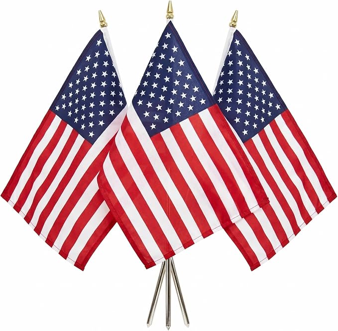 TOPFLAGS 12x18 Small American Flag on Stick 3 Pack Mini US Flags 12x18 Inch Metal Handheld Pole for Outside 4th of July Memorial Day USA 250th Anniversary Patriotic Decorations USA TOP FLAGS, INC