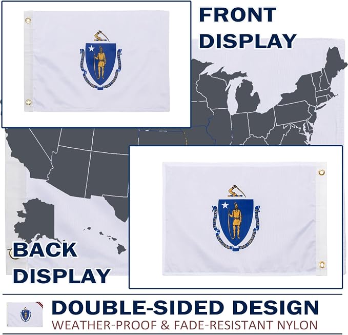 TOPFLAGS Massachusetts Flag 12x18 Inch, Double Sided 3-Ply Heavy Duty Polyester - Small Massachusetts State Boat Flag, Fade Proof Outdoor Marine Flags with 2 Brass Grommets (MA) USA TOP FLAGS, INC