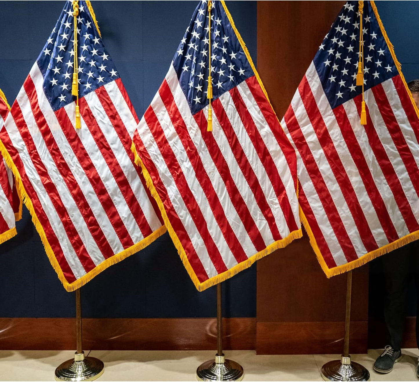 American Flag with Gold Fringed 4x6 Feet Made in USA, Luxury Embroidered Stars and Pole Sleeve Banner Style, Heavy Duty Polyester US Flags for Indoor