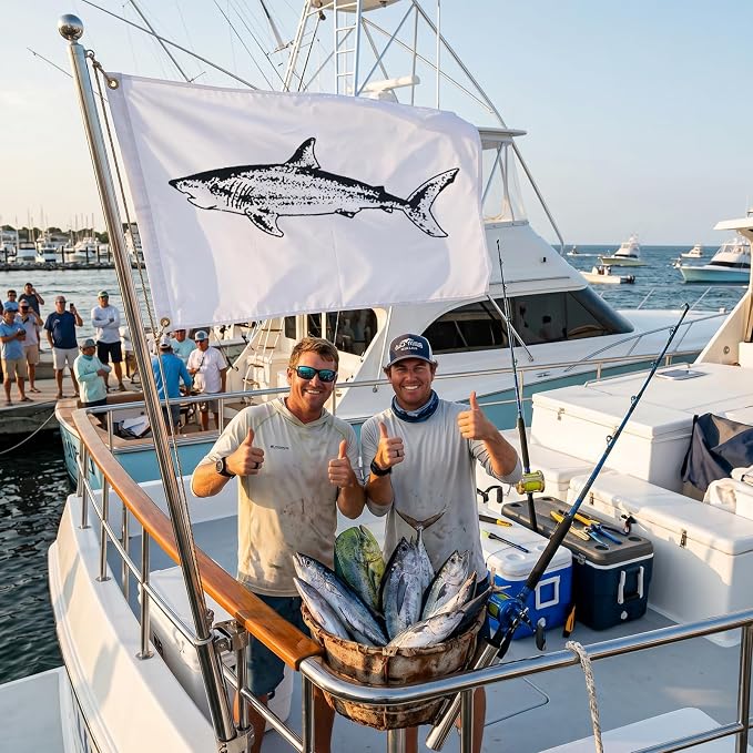 TOPFLAGS  Shark Fishing Boat Flag 12x18 Inch Double Sided Heavy Duty Fisherman's Catch Flags for Boating | 4 Row Stitched and 2 Brass Grommets USA TOP FLAGS, INC