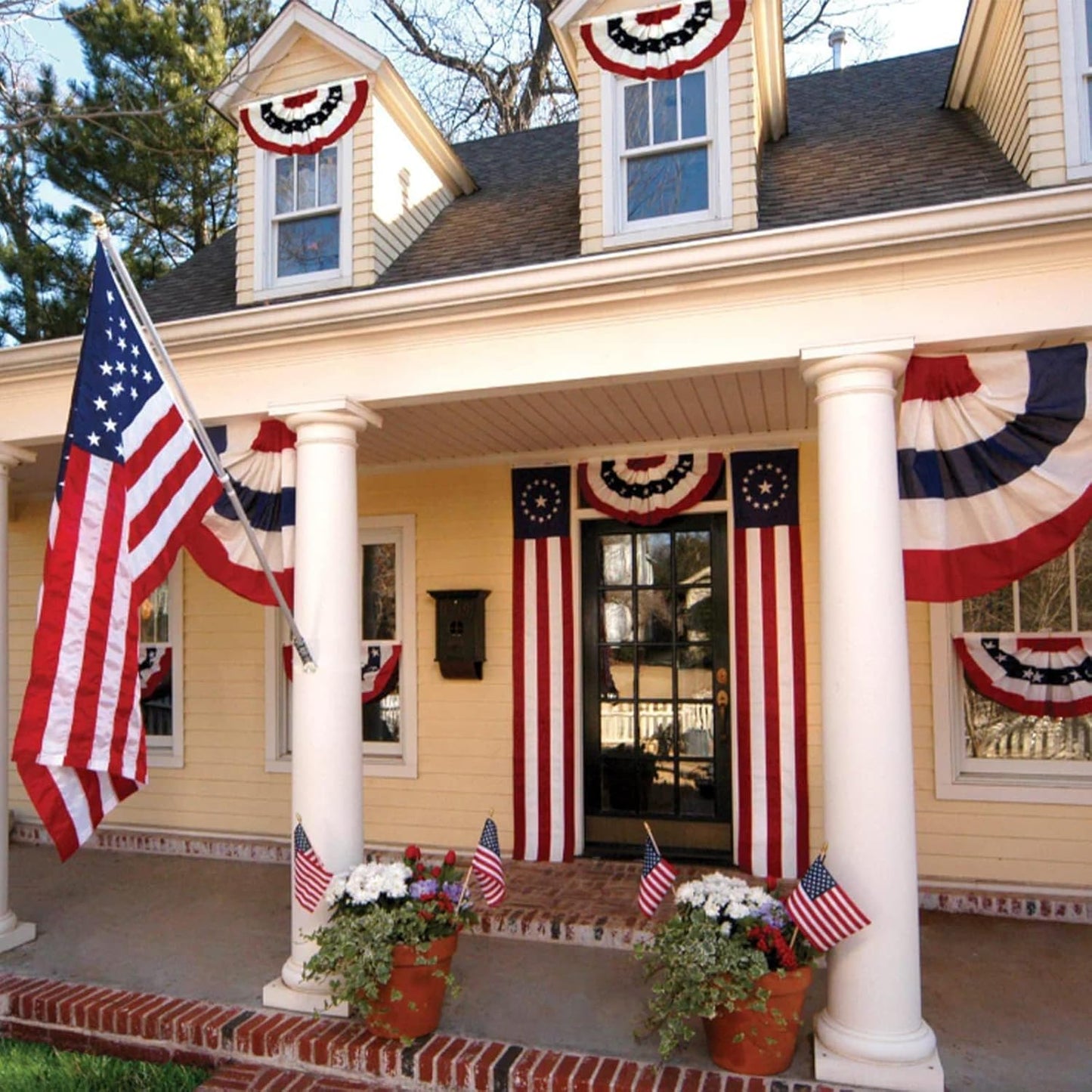 American Bunting USA Flag 3x6 ft Outdoor Embroidered Pleated Fan Flags with 3 Brass Grommets, Patriotic Flag Buntings for Outside for 4th of July Memorial Day Decorations USA TOP FLAGS, INC