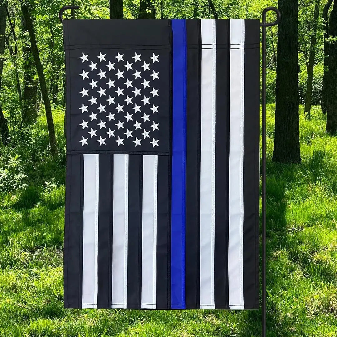 Thin Blue Line Garden Flag 12.5 x 18 Inch Double Sided, Embroidered American Police Flags for Outside, Back the Blue Flag for Lawn Outdoor Decoration USA TOP FLAGS,INC