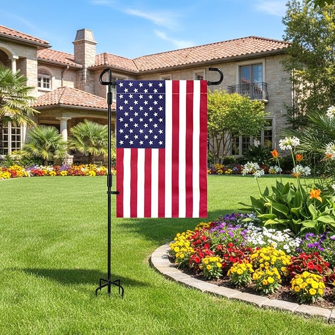 TOPFLAGS Garden Flag Stand with American Flag Garden Flag Heavy Duty Metal Yard Flag Holder Pole Stake Small Flag Stands for Garden Flags 12 x 18 with Clips and Stopper USA TOP FLAGS, INC