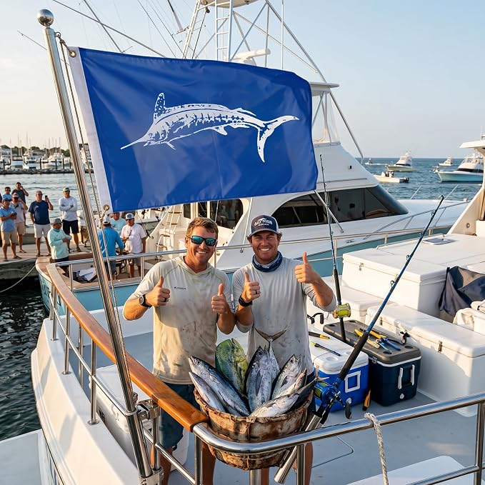 TOPFLAGS Marlins Boat Flag 12x18 Inch Double Sided Vivid Color Fishing Flag - Heavy Duty Fisherman's Catch Flags for Boating | 4 Row Stitched and 2 Brass Grommets USA TOP FLAGS, INC