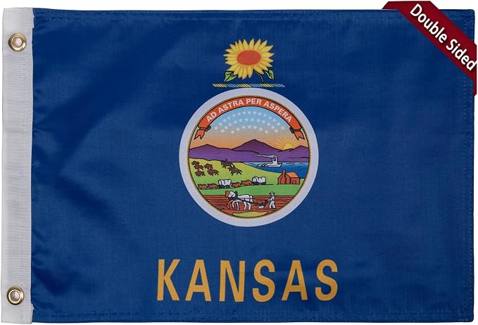 TOPFLAGS  Kansas Flag 12x18 Inch Double Sided 3 Ply, Heavy Duty Nylon Small Kansas State Flag with Brass Grommets, Fade Proof Outdoor Marine Boat Flags (KS) USA TOP FLAGS, INC