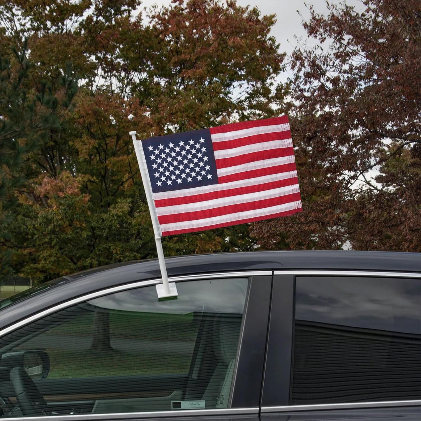 Car Flag 2 Pack American Flag for Car 12x18 Inch US Flags Embroidered Stars Flagpole with Window Clip Heavy Duty Nylon