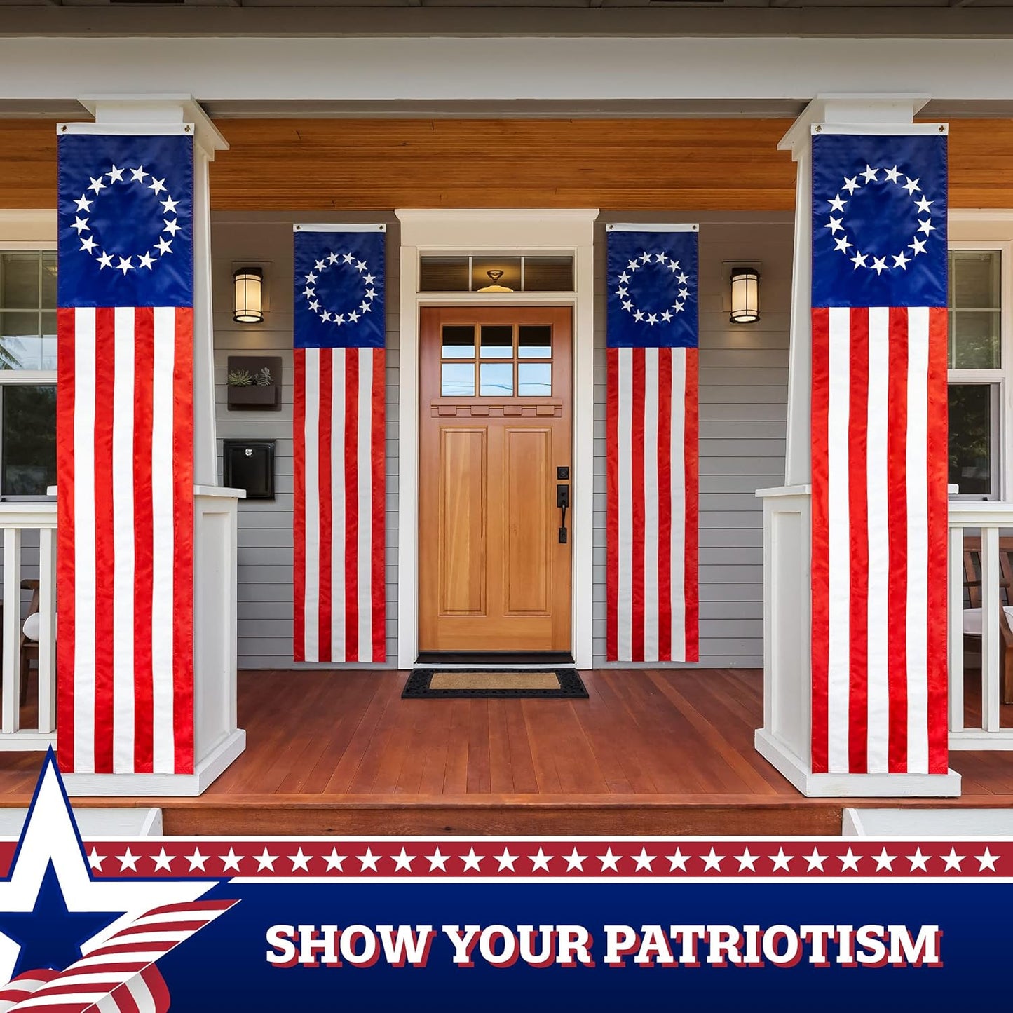 2 Pack: American Pulldown Flag Patriotic Bunting, 50 Embroidered Stars with 5 Fully Sewn Stripes, decorative bunting, 20" x8', Red/White/Blue, Vertical Flag Wall Déco USA TOP FLAGS, INC